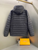 Dark gray quilted hooded jacket back view with full zip and drawstring hem