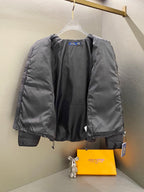 Ralph Lauren puffer jacket on hanger with front zipper and stand collar, dark charcoal