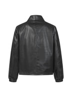 Black leather jacket with stand collar and long sleeves, back view