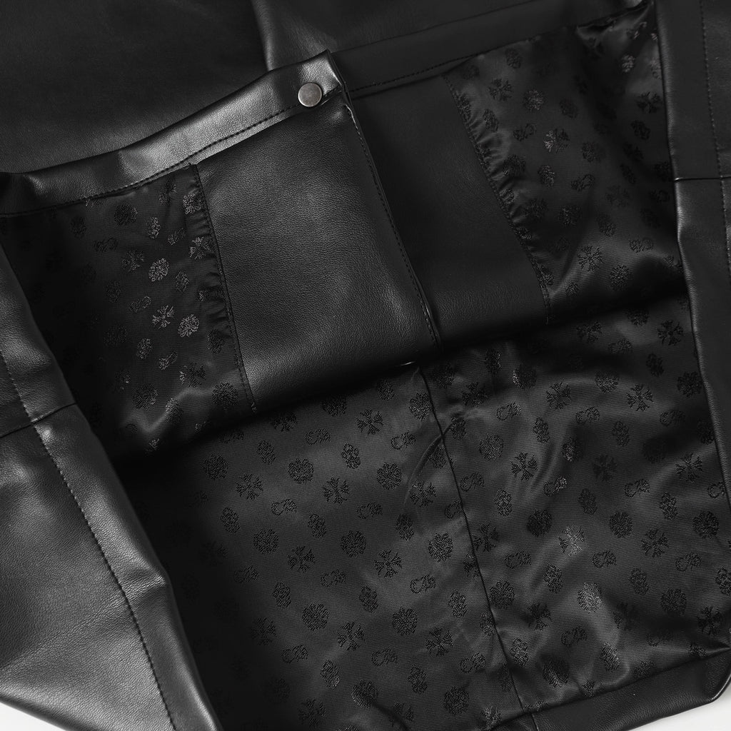 Black long pants with front seams, button tab, and embossed pattern panels