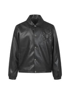 Black leather jacket with stand collar, snap front, and embroidered floral detail