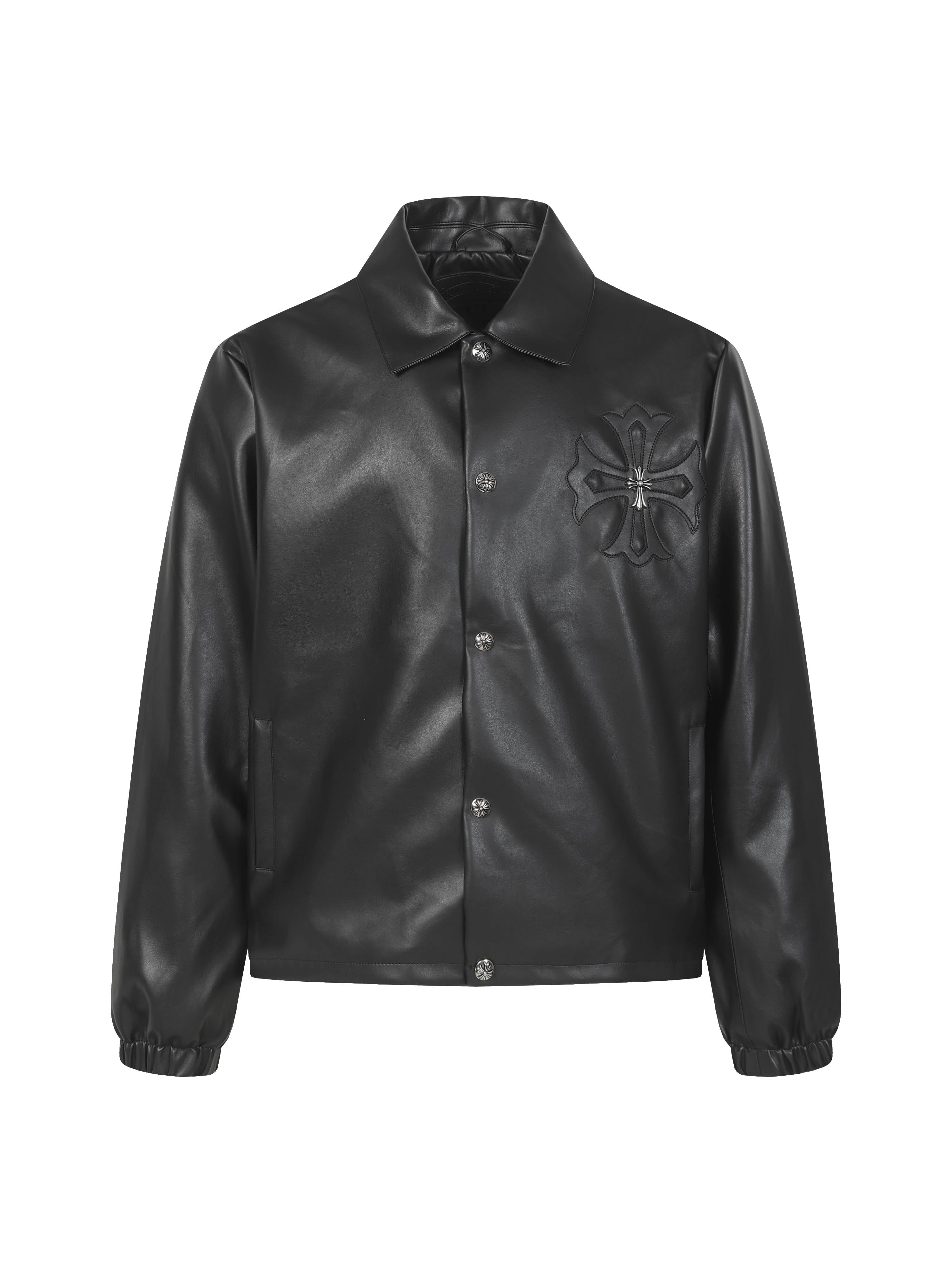 Black leather jacket with stand collar, snap front, and embroidered floral detail
