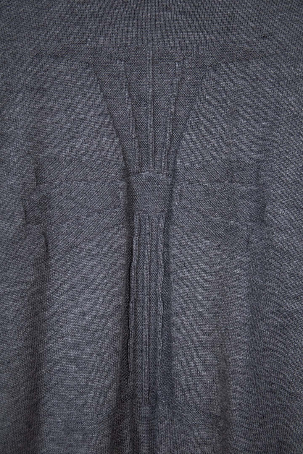 Gray knit sweater back seam and ribbed vertical panel detail