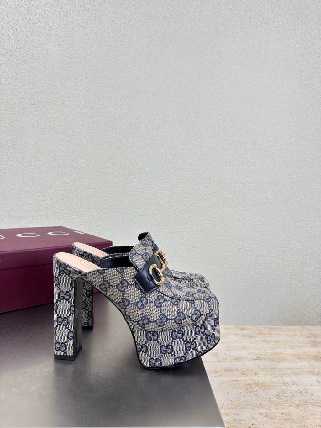 Gucci mule with mid block heel in blue GG canvas, gold horsebit and open back