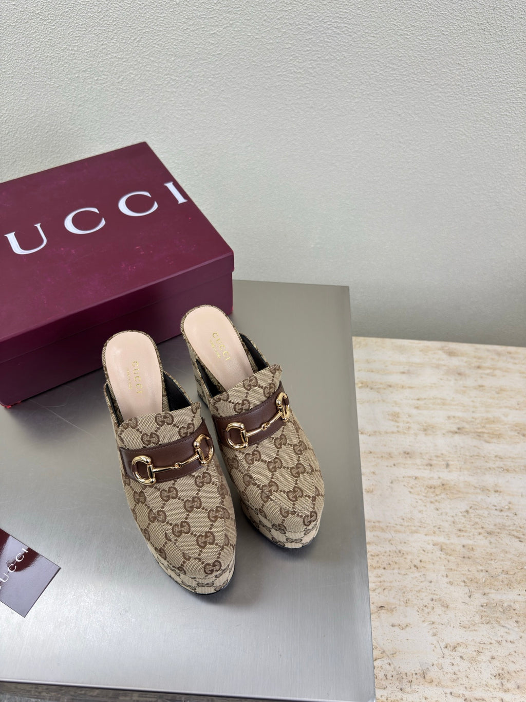 Gucci ladies GG canvas mule loafers with gold-tone horsebit hardware, beige