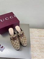 Gucci ladies GG canvas mule loafers with gold-tone horsebit hardware, beige