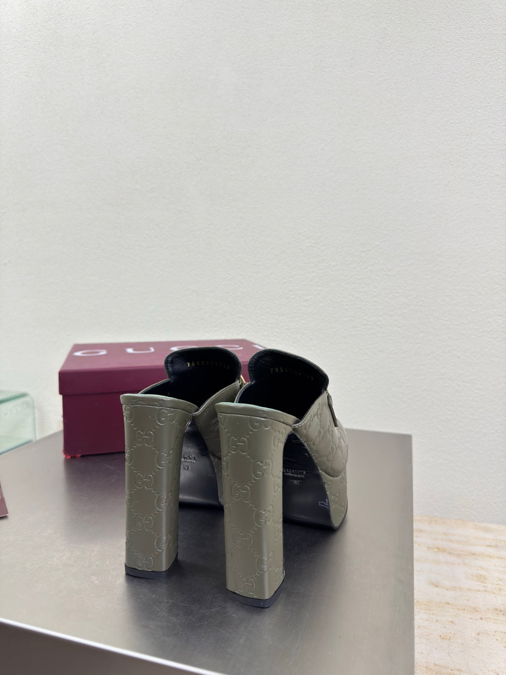 Gucci ladies platform mules, dark green uppers with chunky block heel and open back