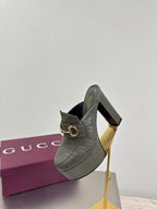 Gucci ladies platform mule in dark green, gold horsebit buckle with high block heel
