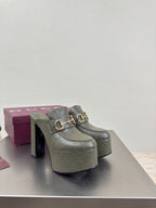 Gucci ladies platform mules in dark green, gold horsebit buckle with chunky heel
