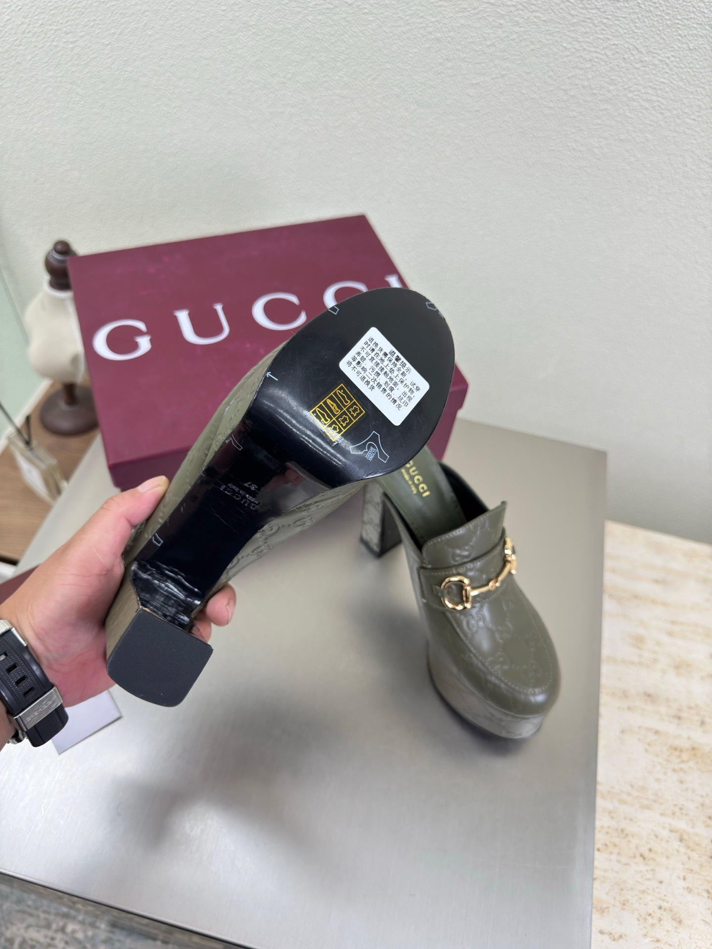Gucci ladies platform mules, dark green with gold horsebit buckle and thick heel