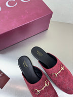 Gucci women's burgundy GG-pattern mule shoes with gold horsebit and black insoles