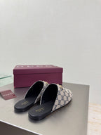 Women’s Gucci GG-pattern slide mules, pair on white display with black insoles