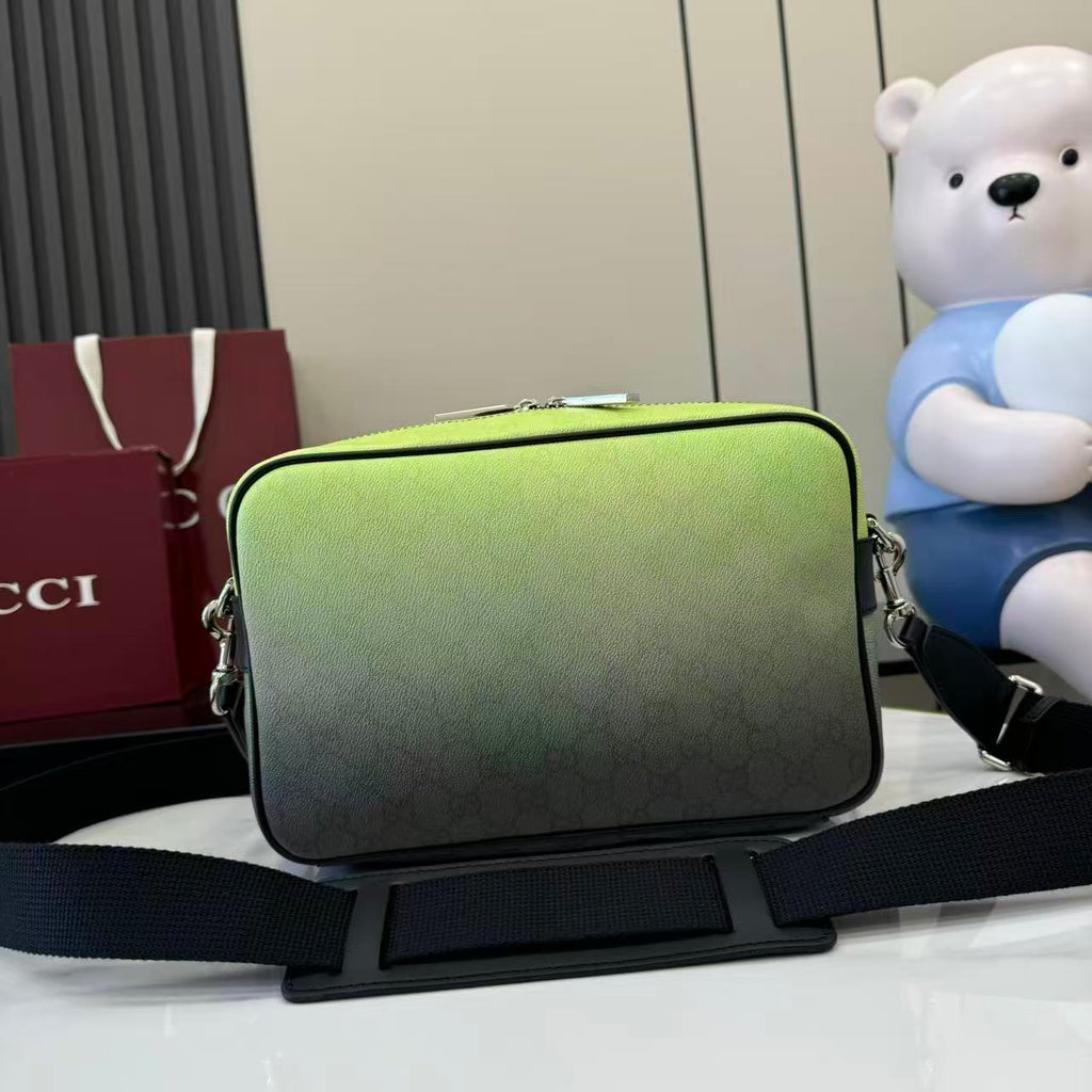 Gucci crossbody bag, lime green with black edges and adjustable web strap.