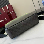 Gucci crossbody bag in lime green with dark monogram pattern and black piping.