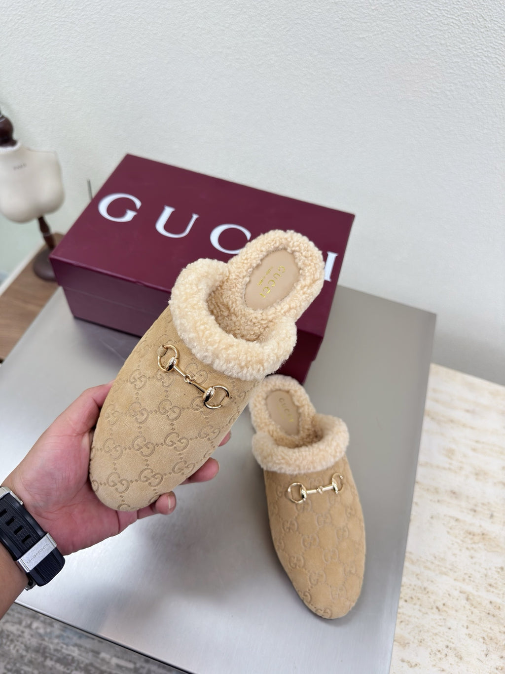 Beige GG monogram mule clog with tan shearling collar and gold horsebit detail