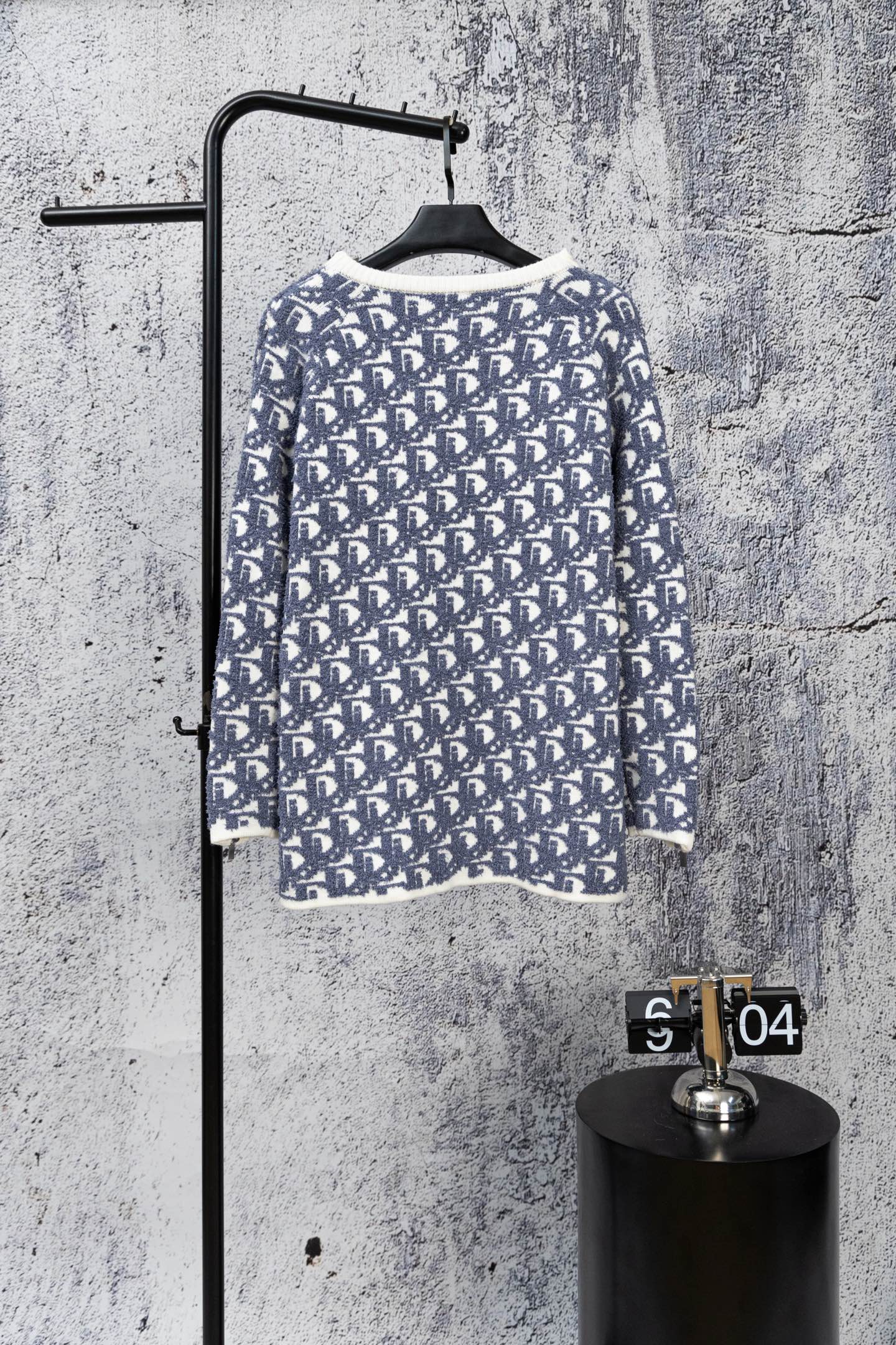 Blue knit sweater with Dior monogram pattern and long sleeves, crew neck