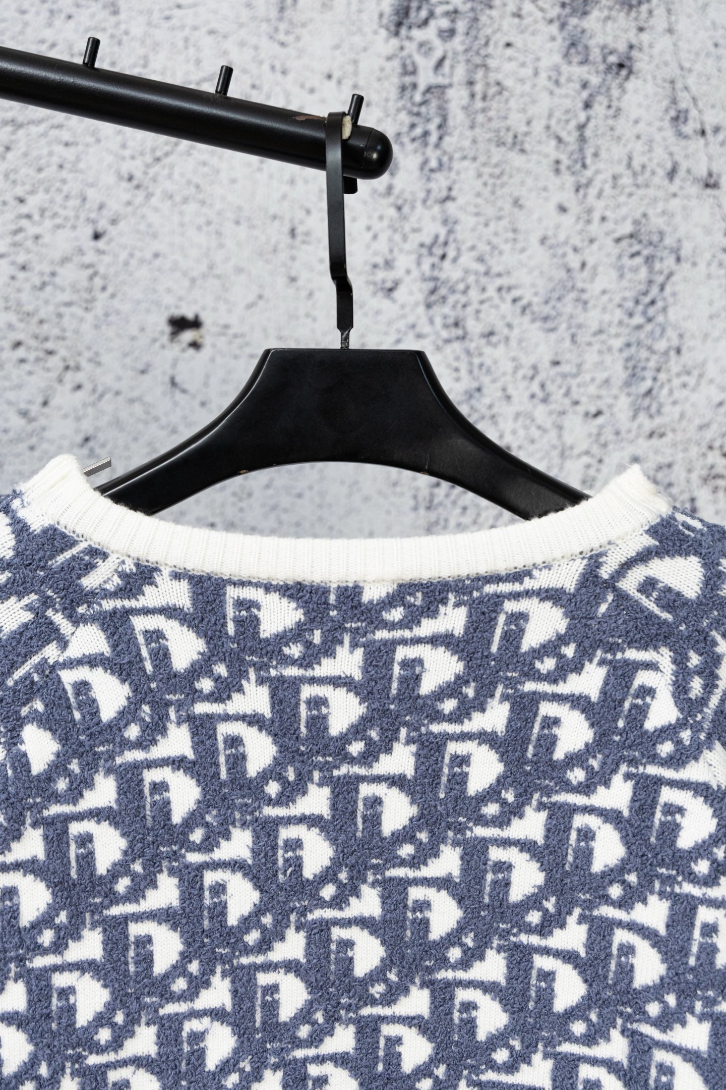 Dior monogram knit sweater front with ribbed cream-white crew neckline