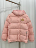 Moncler long puffer jacket, pink hooded front with zip and side pockets