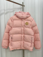 Moncler long puffer jacket, pink hooded front with zip and side pockets