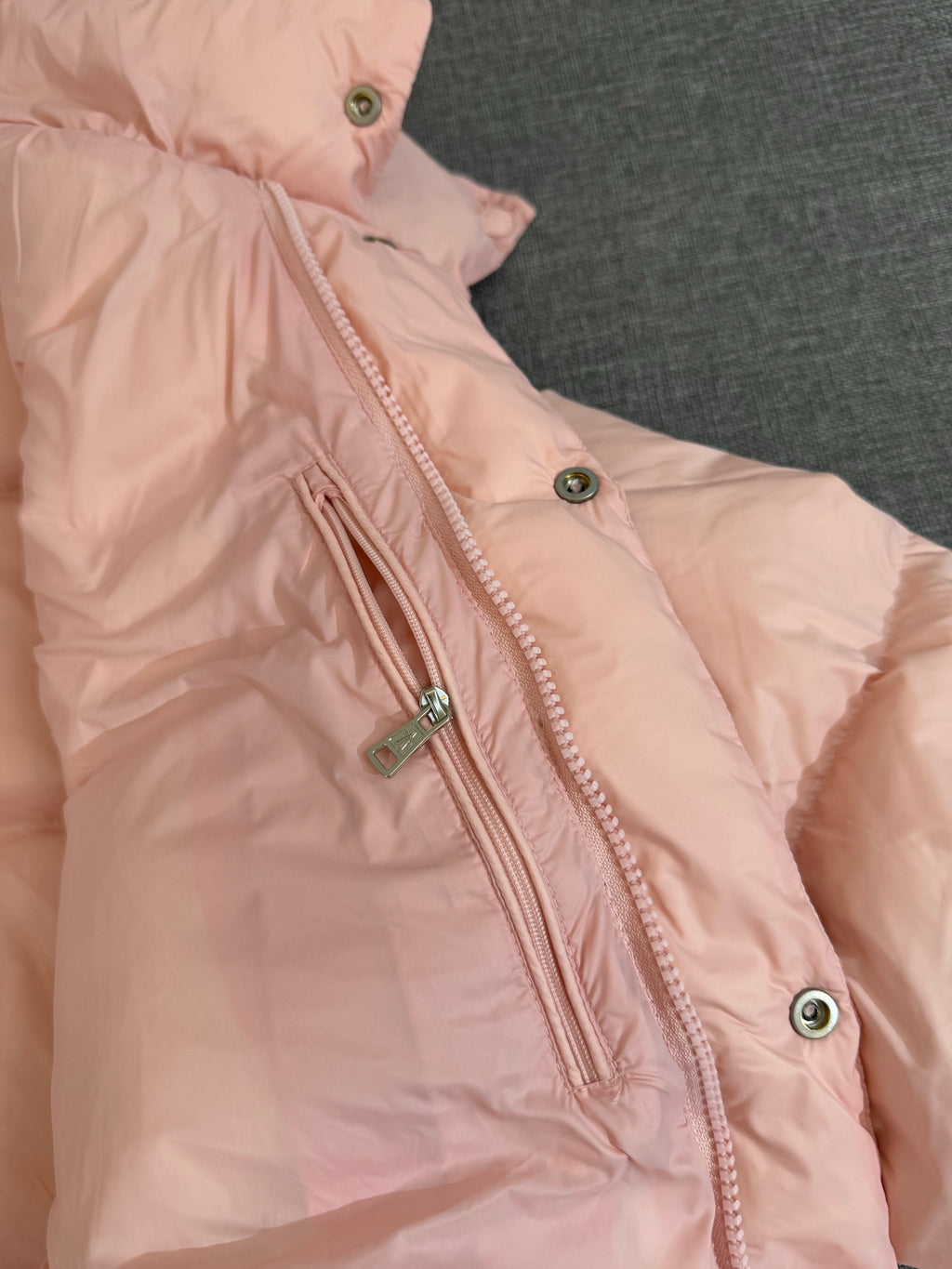 Moncler long puffer coat, pale pink with zip front and snap buttons