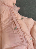 Moncler long puffer coat, pale pink with zip front and snap buttons