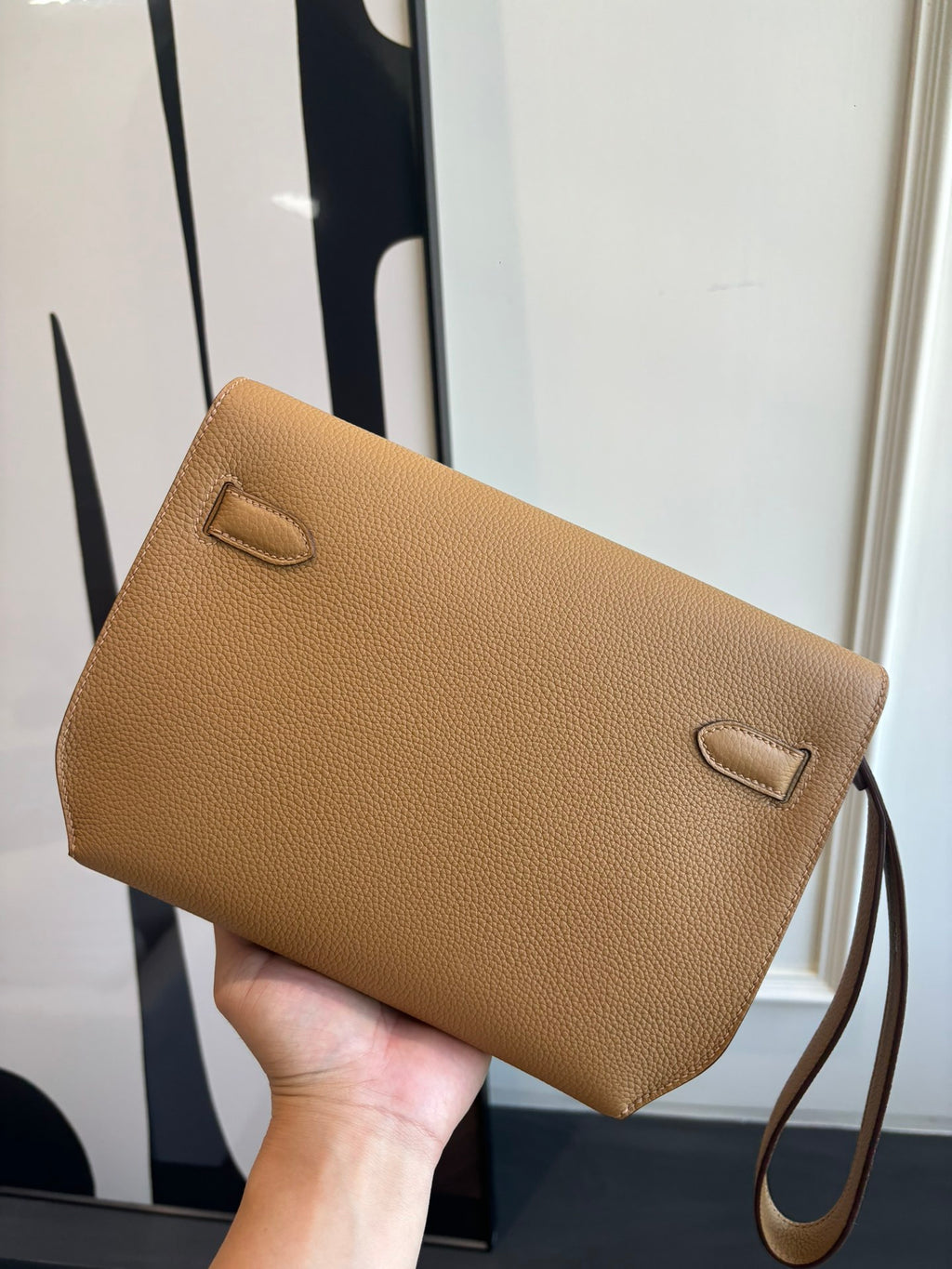 Hermes tan leather flap bag with two front flap tabs