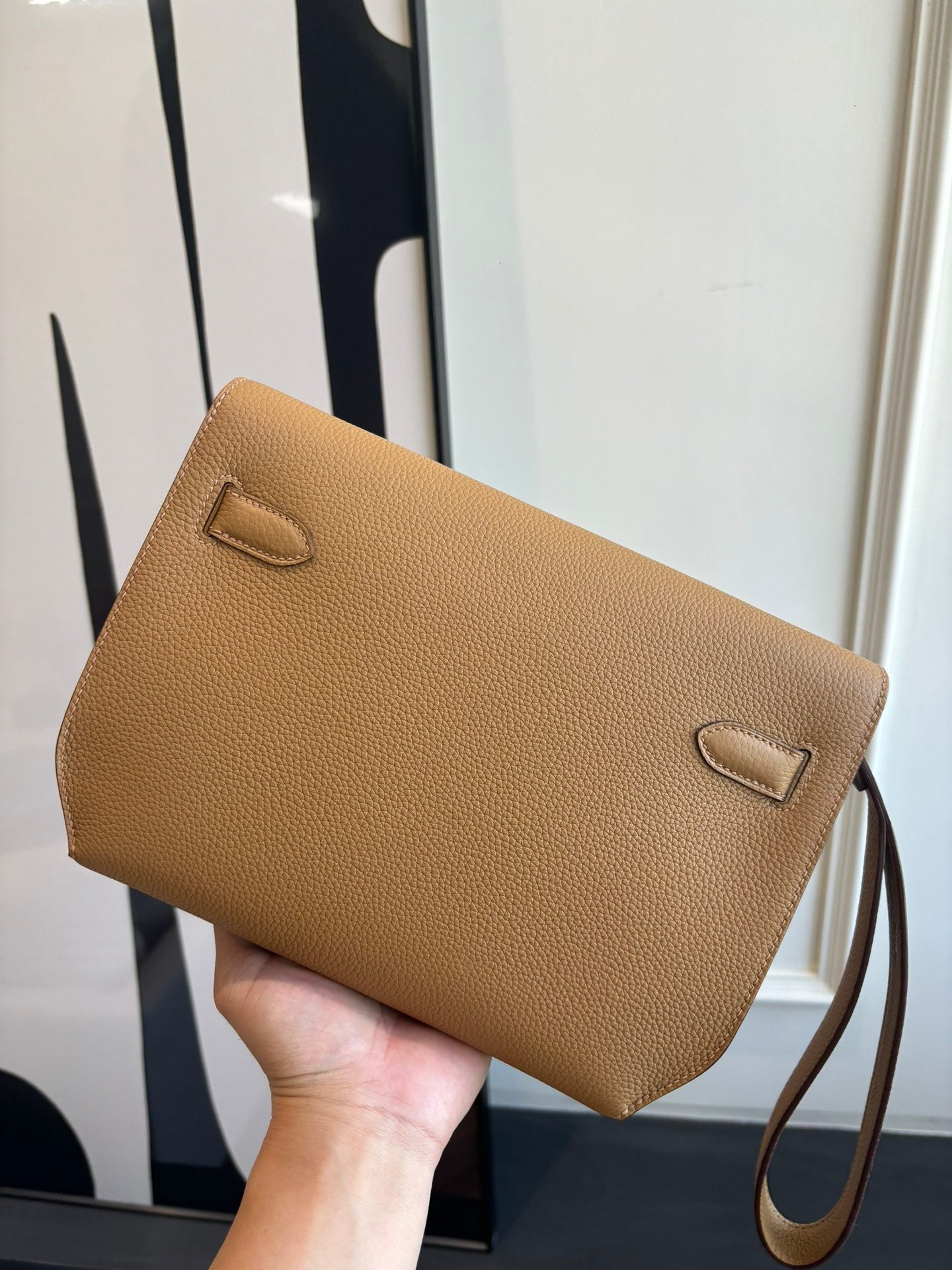 Hermes tan leather flap bag with two front flap tabs