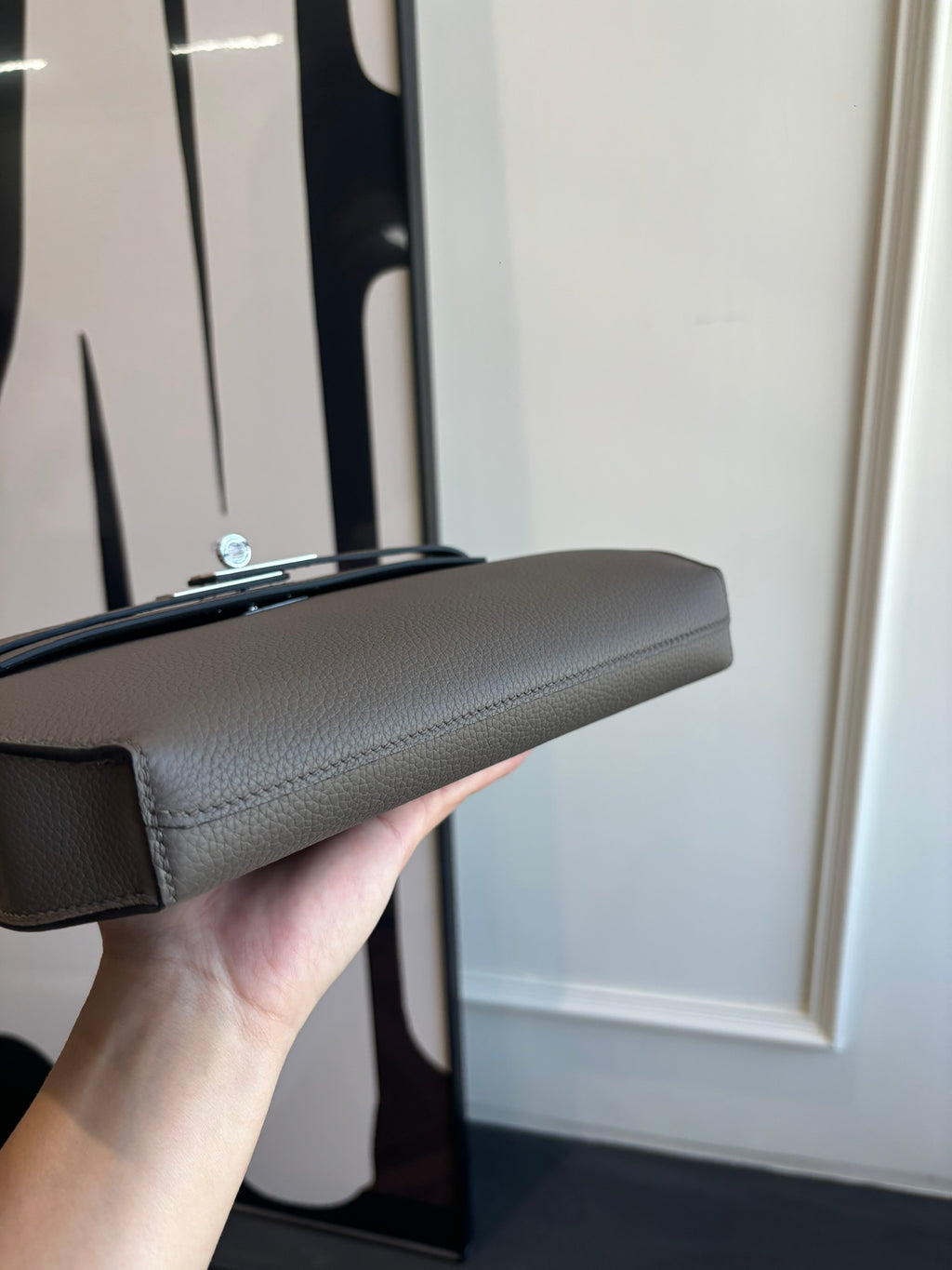 Hermes leather shoulder bag, textured gray top edge and silver clasp hardware