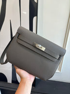 Hermes leather flap shoulder bag, textured gray with silver hardware and top handle strap