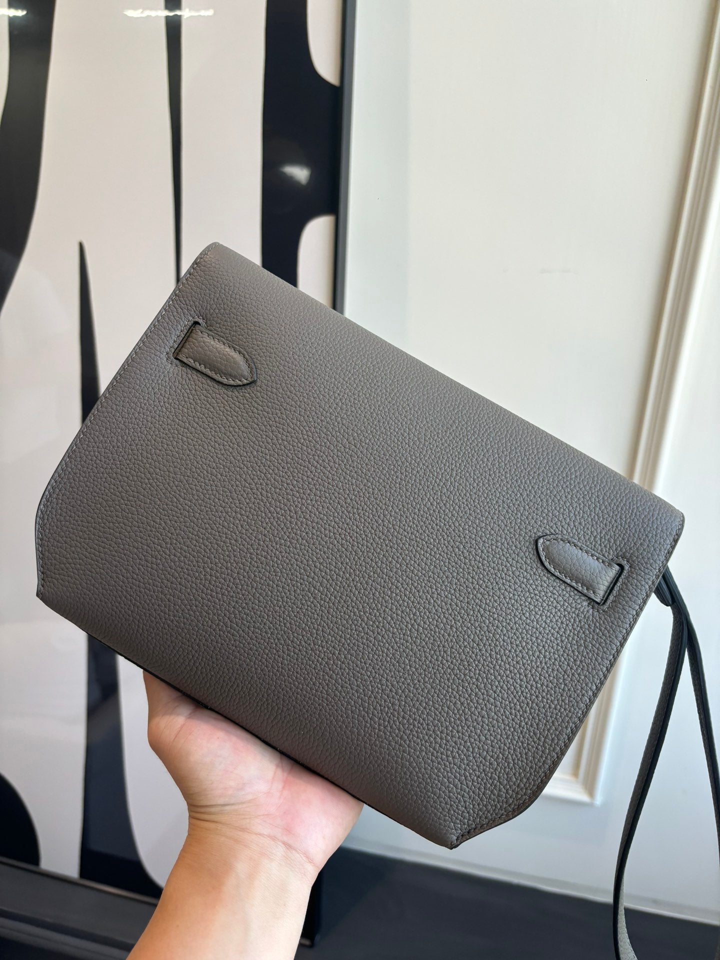 Hermes leather flap bag, textured gray with front flap and two side strap loops