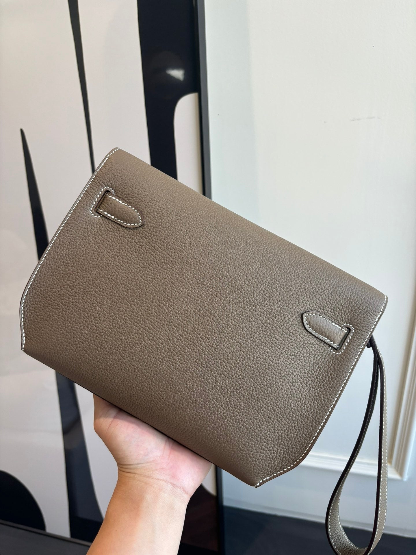 Hermes leather shoulder bag back, taupe flap with square corner and tie strap