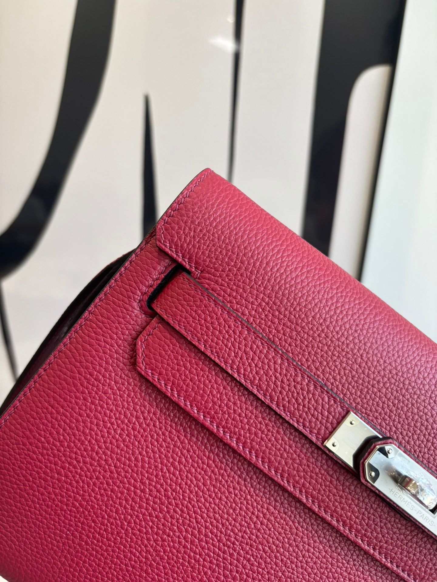 Hermes bag close-up of textured leather flap with silver hardware and latch.