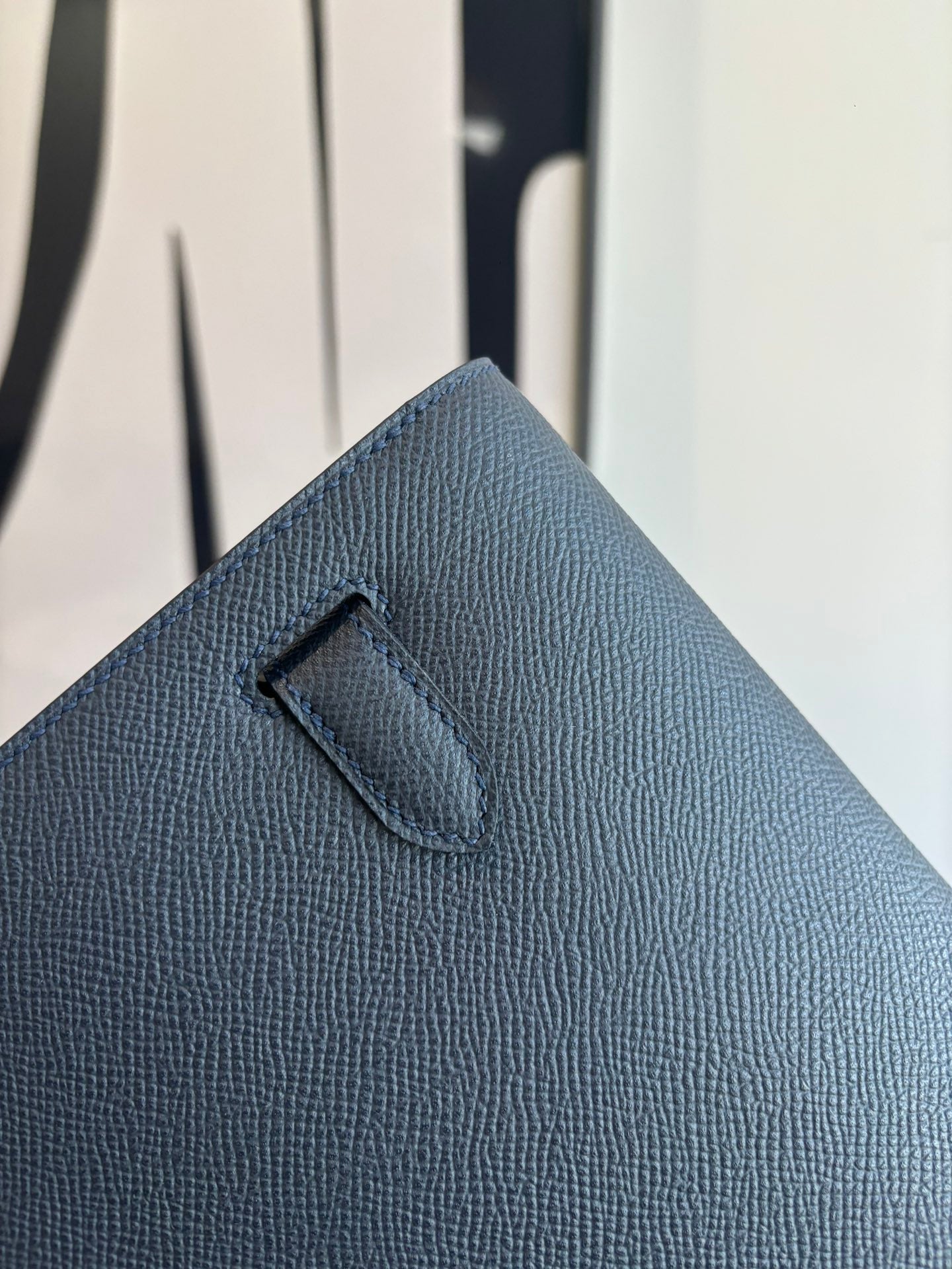 Hermes bag flap tab with snap, pebbled blue leather