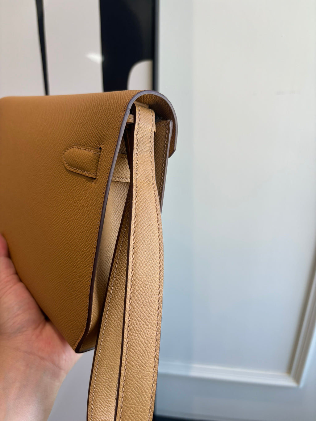 Hermes tan leather flap bag with long strap and open inner lining