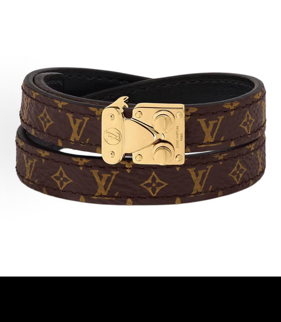 Louis Vuitton monogram leather bracelet with gold-tone clasp, brown and dark.