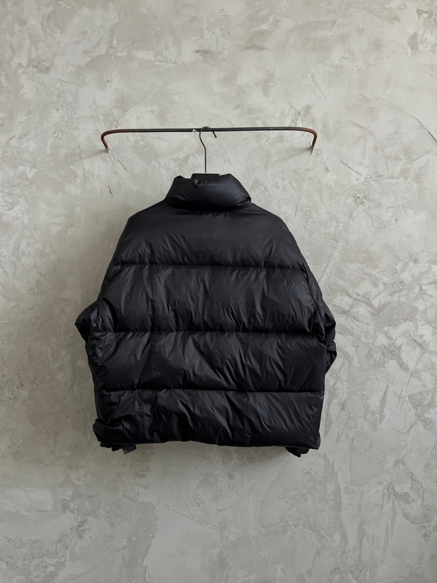 Balenciaga long puffer jacket, black high neck, quilted baffles
