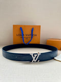 Louis Vuitton belt, dark blue crocodile-embossed leather strap with silver LV buckle