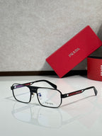 Prada eyeglasses with black frame, clear lenses, and silver metal temples