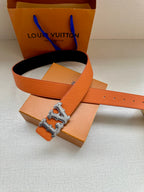 Orange leather belt with silver-tone LV buckle and dark navy strap end
