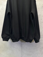 Black sweatshirt back view with ribbed cuffs and rounded hem