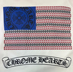 Cream T-shirt fabric print with blue, red, and ornamental stripe bands