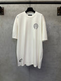 Cream graphic T-shirt with round neck and small chest emblem
