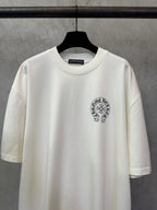 Cream crewneck T-shirt with circular chest graphic emblem