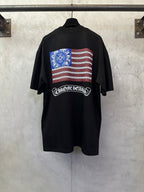 Black short-sleeve T-shirt with American flag striped back graphic and arched logo