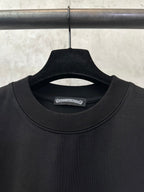 Black crew-neck T-shirt close-up with inner neck label