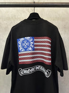 Black short-sleeve T-shirt with large back American flag graphic and arched logo