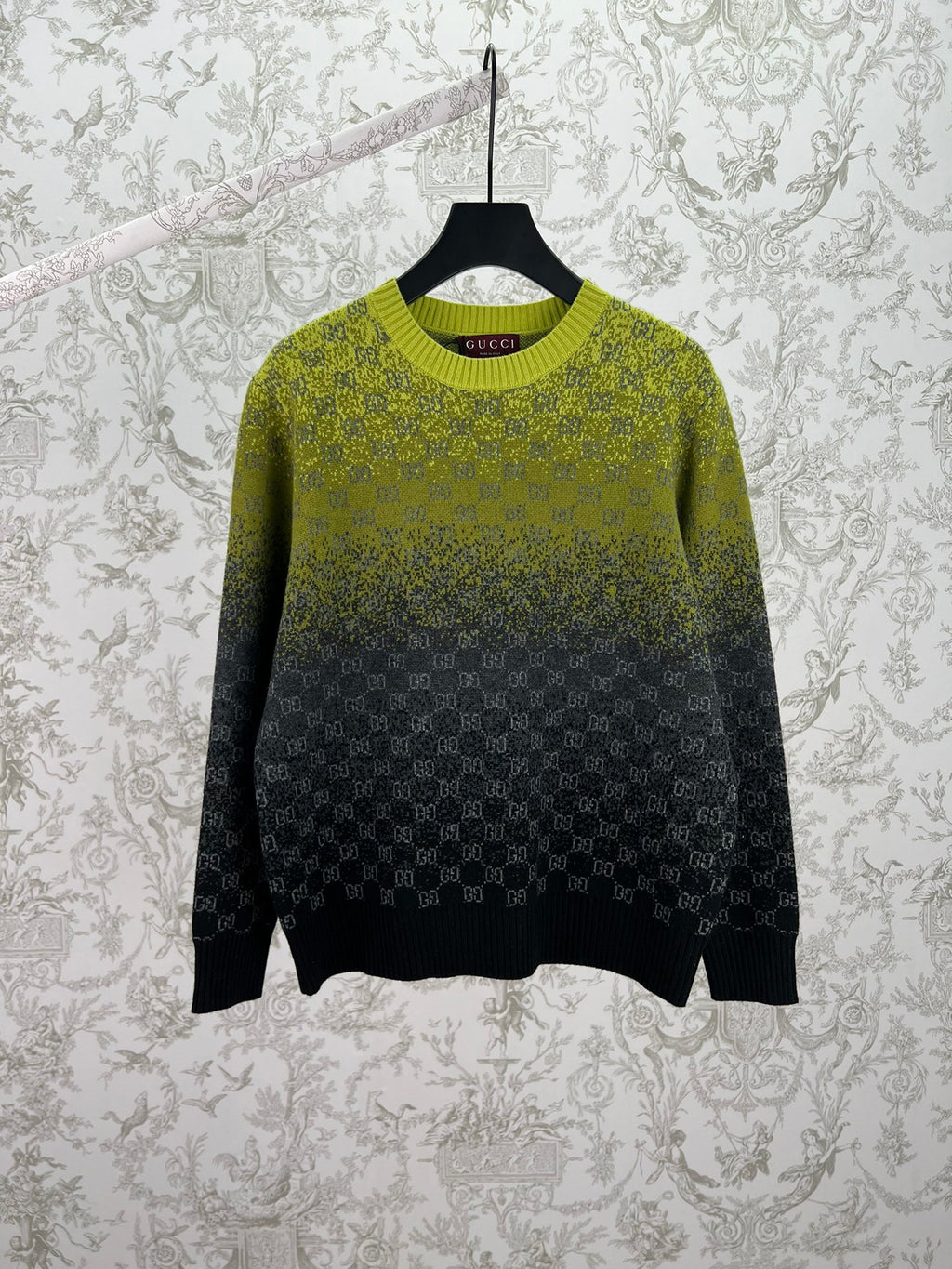 Gradient long-sleeve sweater with GG-knit pattern and ribbed crewneck
