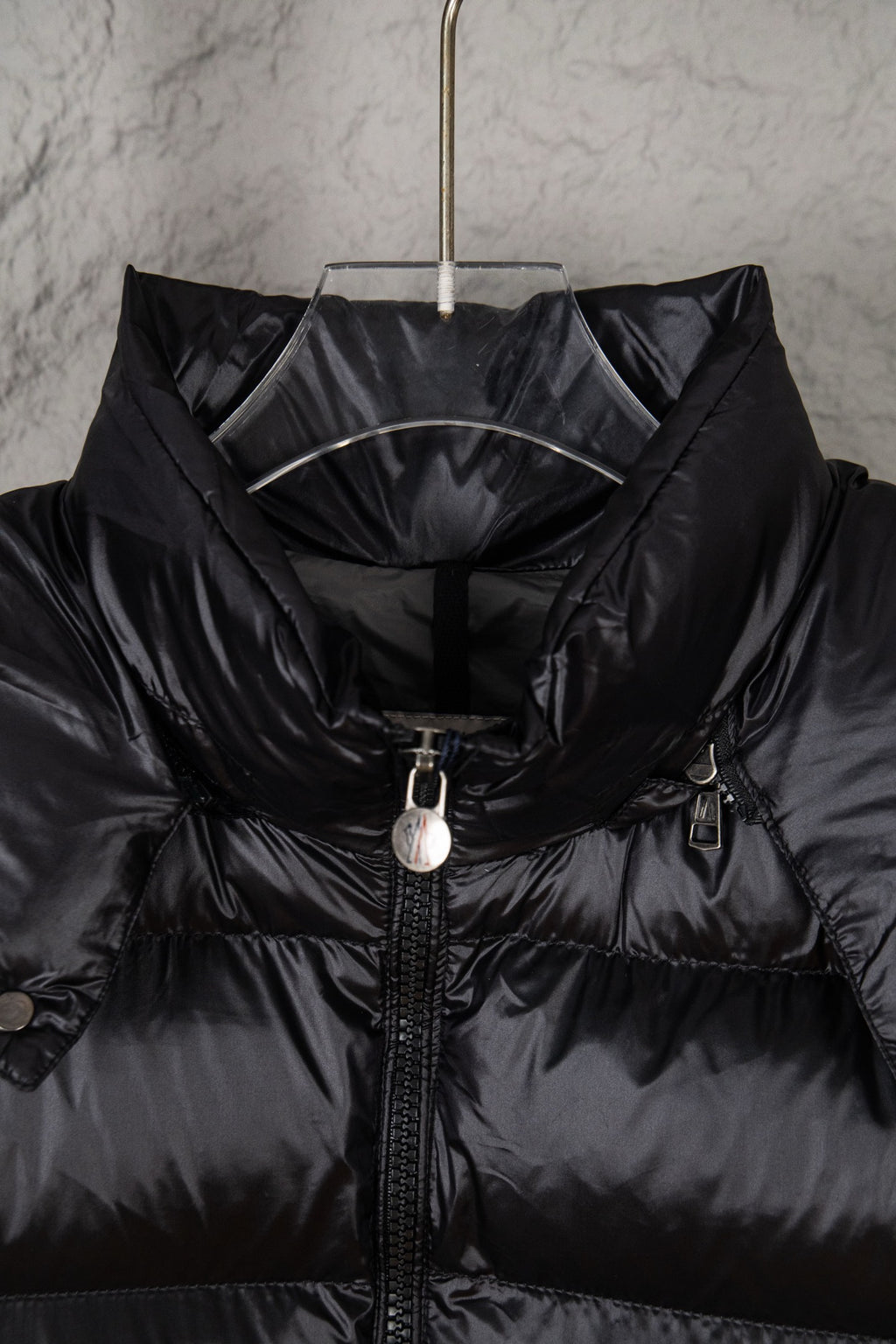 Moncler long puffer jacket hood and front zipper, dark