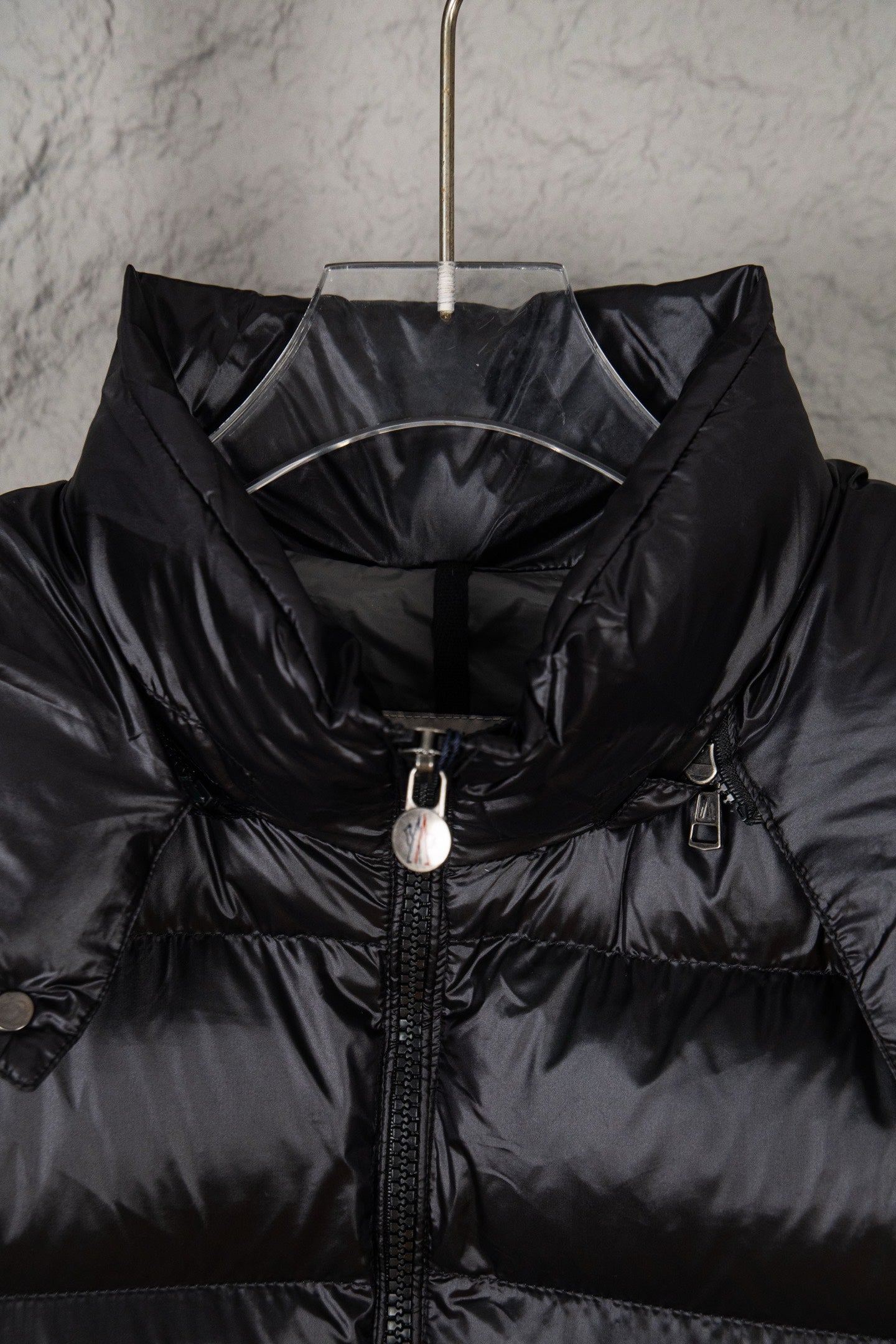 Moncler long puffer jacket hood and front zipper, dark