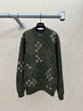 Long-sleeve knit sweater in dark green with all-over logo pattern and crew neck